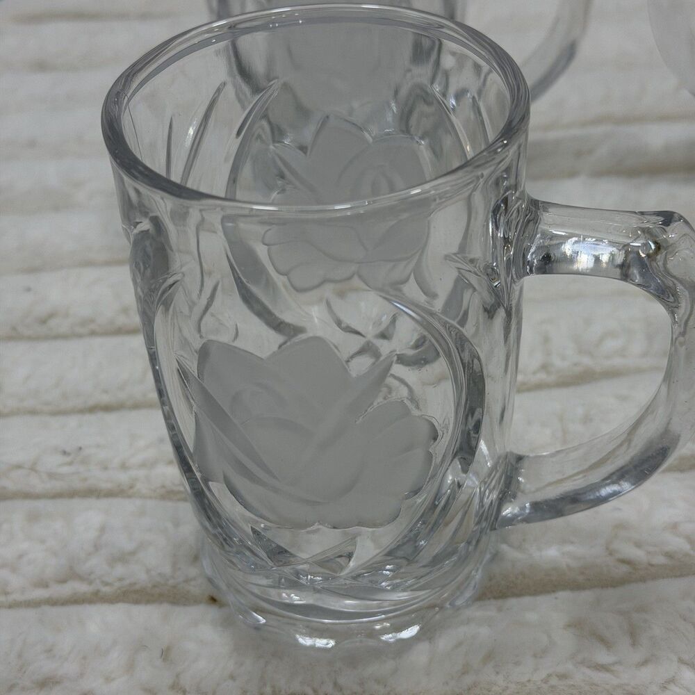 Vintage Mikasa Rose Pearls Crystal Glass Mugs Set of 4 12 oz Frosted Roses Nice!